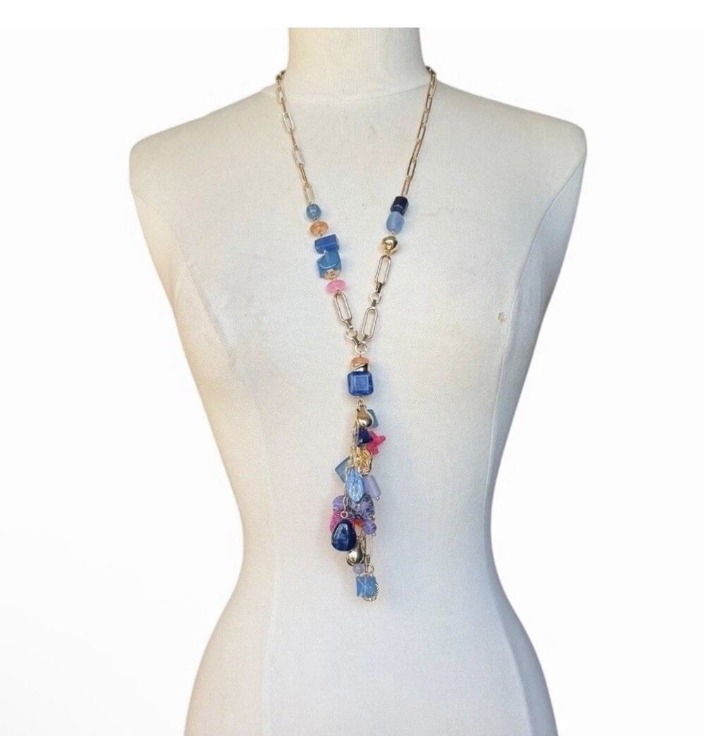 Chico’s NWT Multicolor Beaded Charm Tassel Statement Necklace Gold Tone